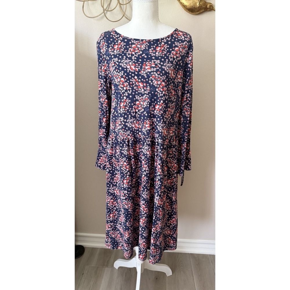 Boden Floral Jersey Dress Womens 10L‎ Navy Red Long Sleeve Keyhole Tie Cotton